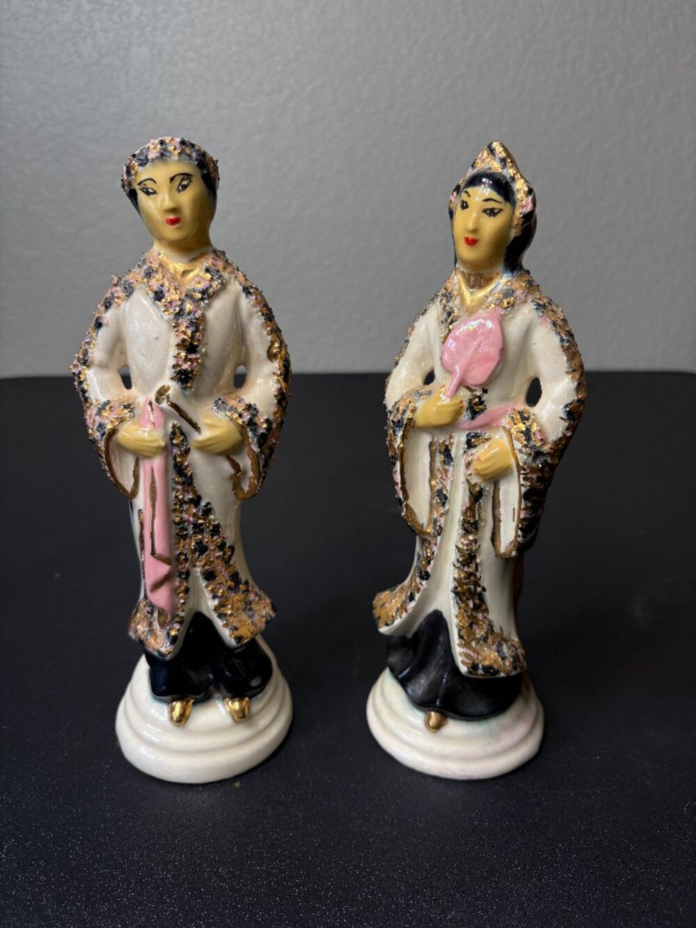 Pair of Mid Century Asian Man & Woman Bud Vases
